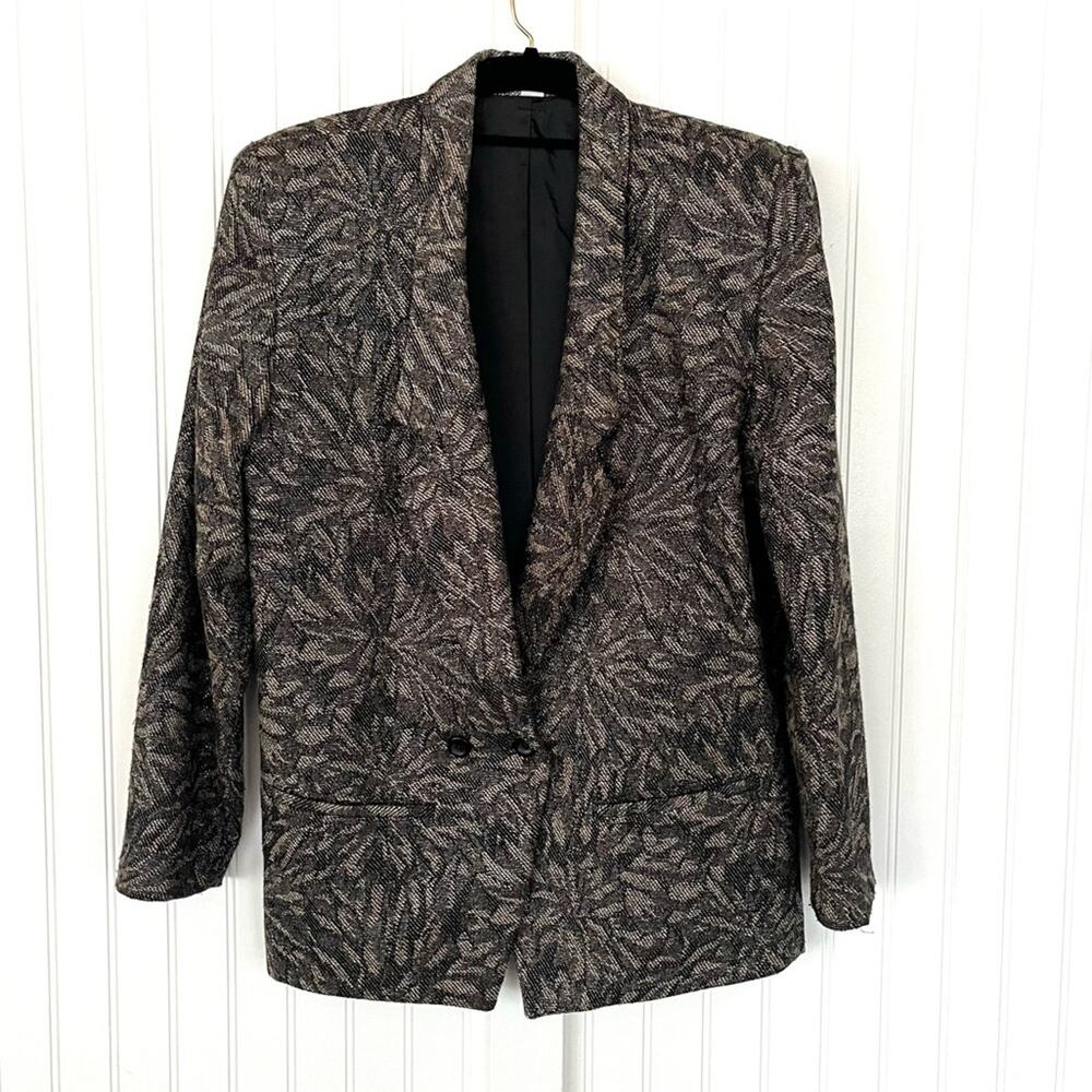 Vintage 80s 90s Oversized Black and Silver Floral Blazer Medium Metallic Thread